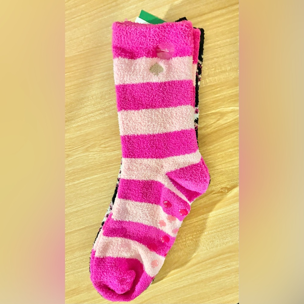 Kate Spade 2 Piece Set Gripper Slipper Crew Home Socks Black Pink Striped OS NWT